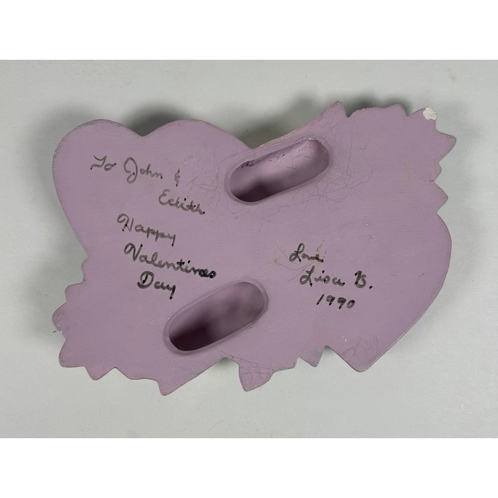 VTG Ceramic Pottery Hand Painted Love Birds Hearts Wall Plaque Purple 6
